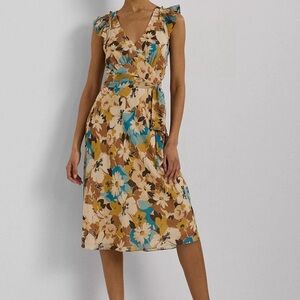 Ralph Lauren Blue Tan Floral Crinkle Georgette V~Neck Belted Knee Dress 10 NWT
